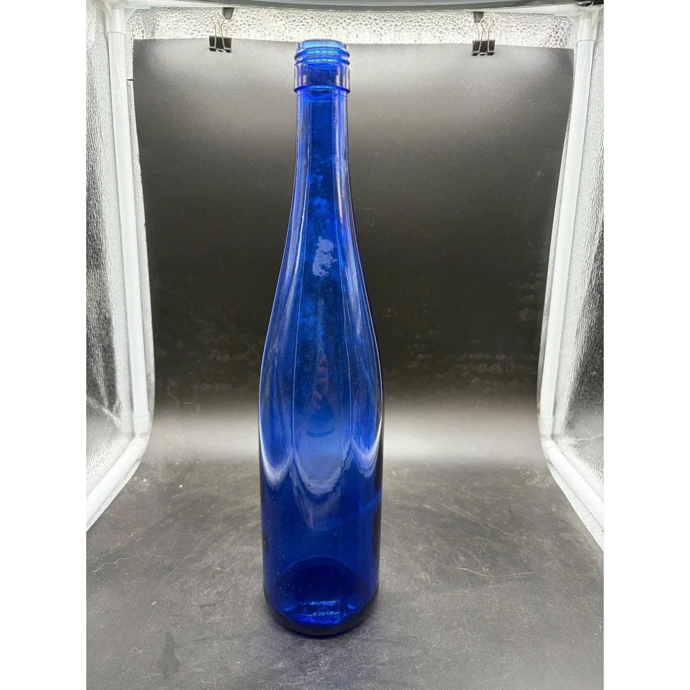 Vintage Cobalt Blue Glass Wine Bottle Tall Ribbed Decorative Vase 13.5 Inch